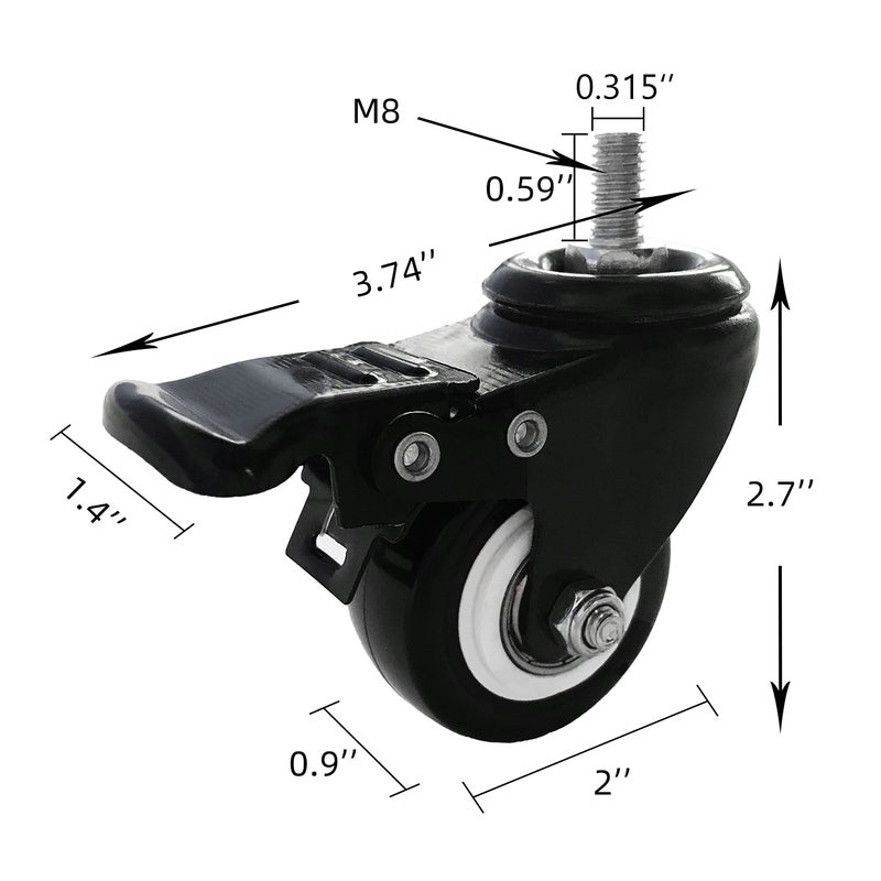 VWINDESK 2 inch M8(0.315'' Î¦) 15mm Threaded Locking Caster Wheels, Set of 4, Swivel, Polyurethane PU Swivel Ball Casters with 360 Degree Top Plate 220lb Total Capacity, Brake, Used for Standing Desk - Image 3